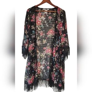 American Rag Sheer Black Floral Kimono W/Black Fringe Size Med-Large PRE-LOVED